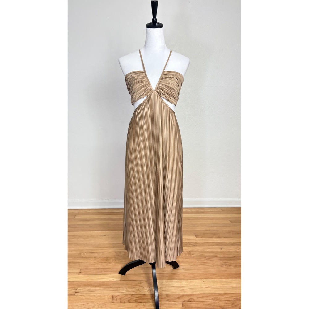 VICI Hollywood Dreams Pleated Cut Out Tie Back Gold Midi Dress Size Large Party